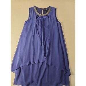 SLNY Navy Blue Sleeveless Cutout Pearl Neck Sheer Overlay Shift Dress Size 18